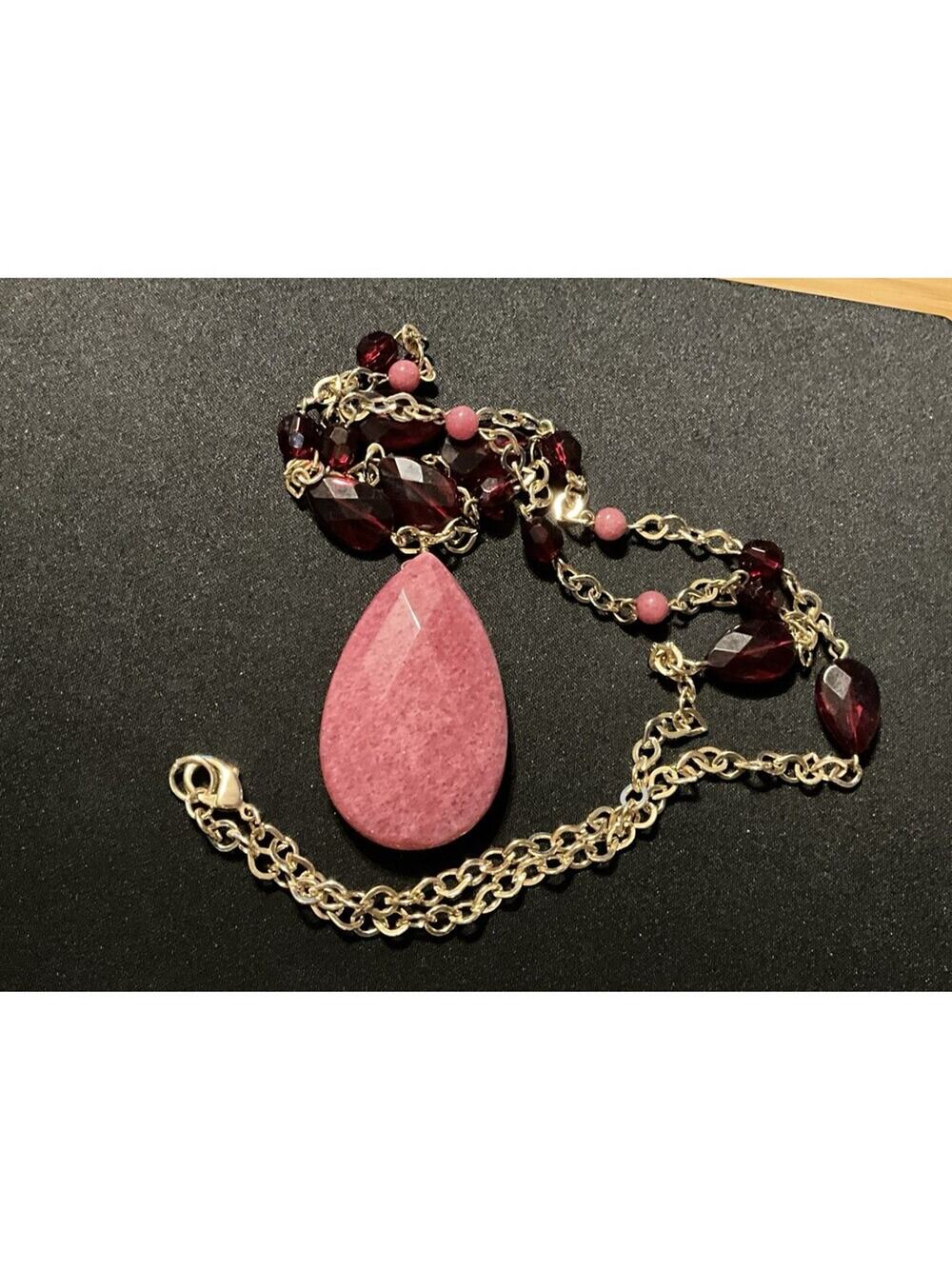 Jadeite, Spinel Tear Drop Stone, Red Lucite/Jadite Spacers 34in Necklace